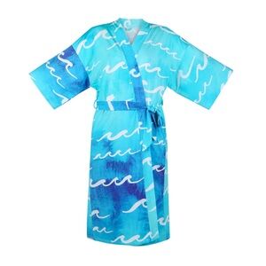 Coco Moon Hawaii Nalu Blue Wave Pattern Bamboo Comfy Kimono Robe with Pockets S